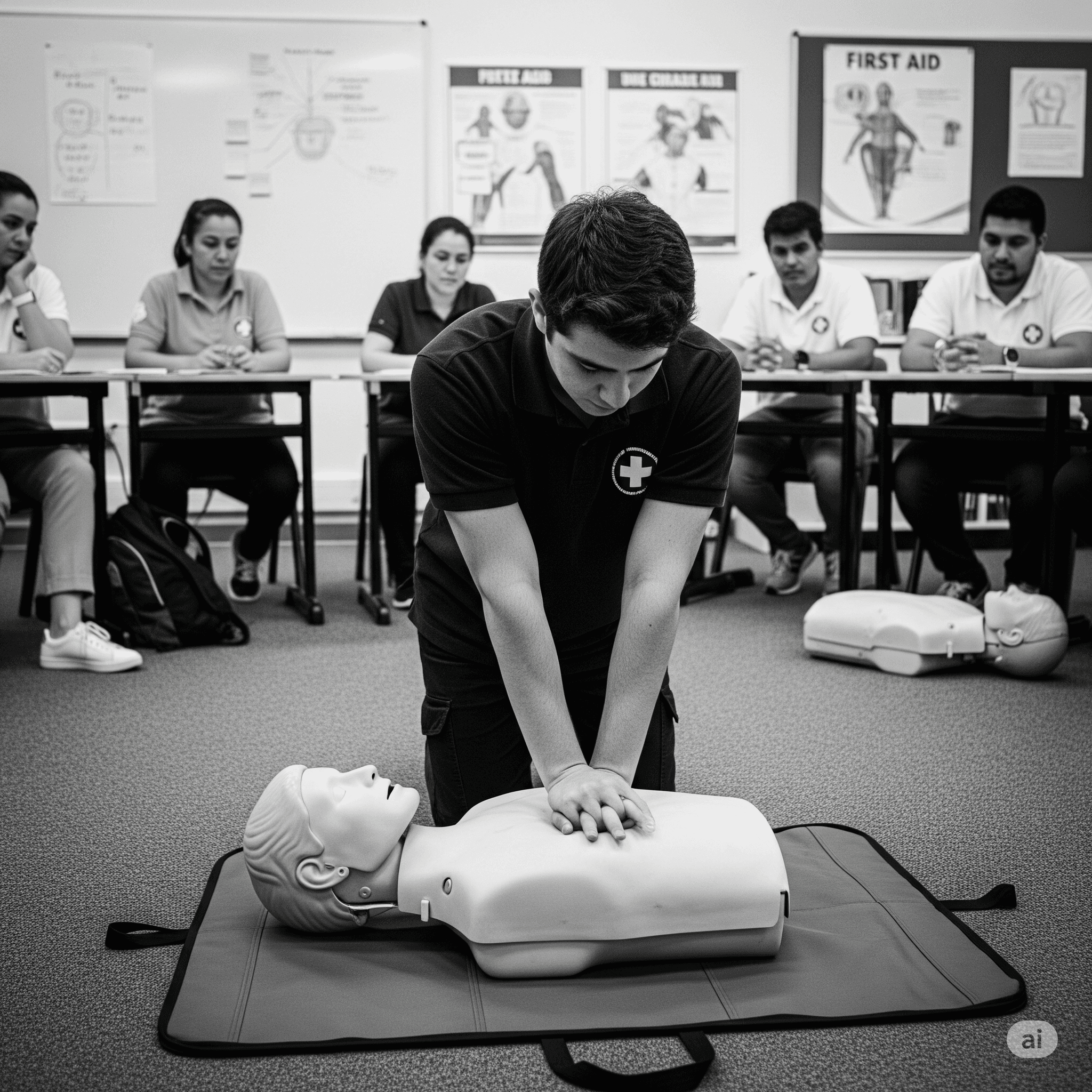 A black and white photo of a young man practicing CPR on a medical manikin during a certification training session.