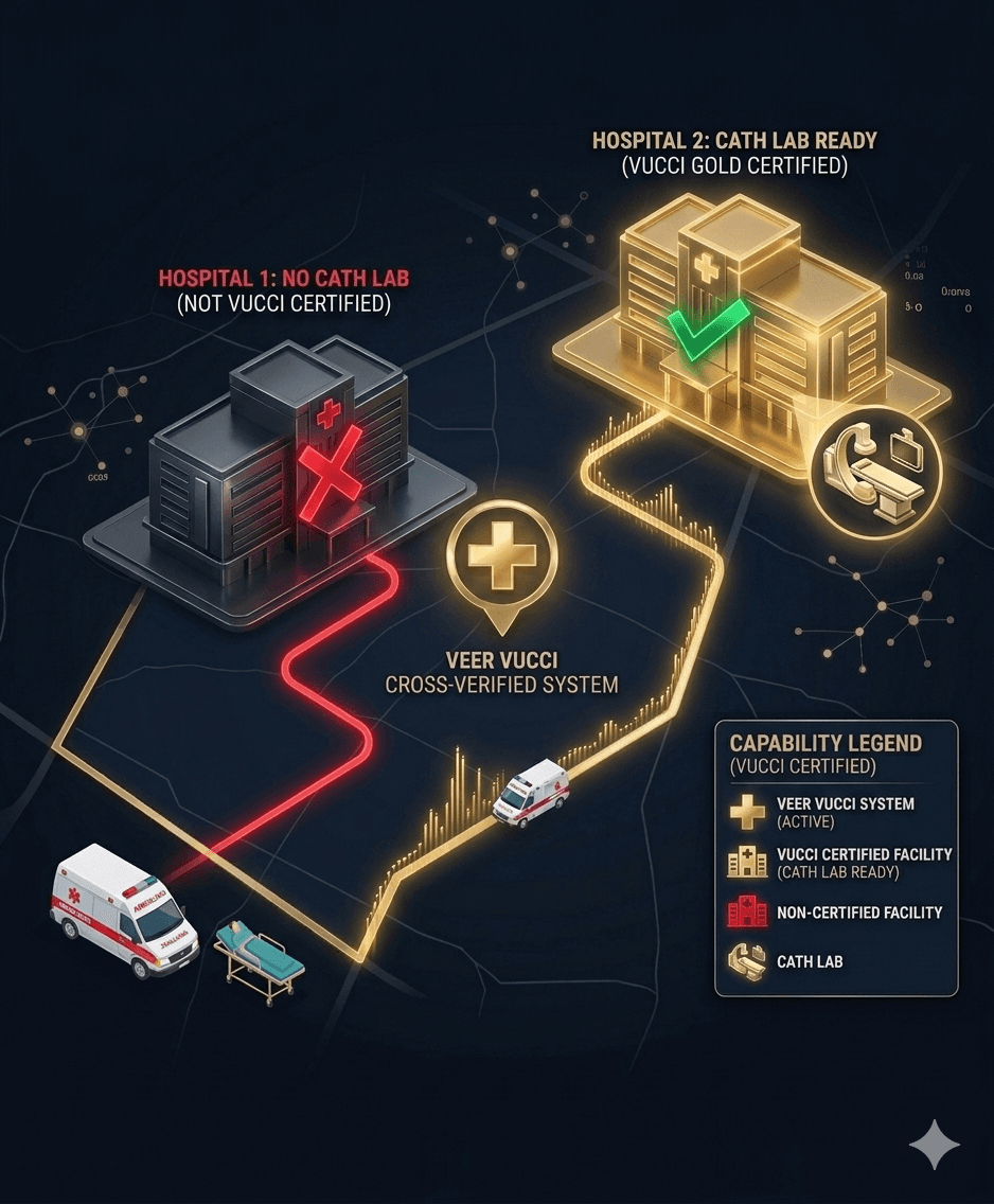 A representative image highlighting Veer Urgent & Critical Care Capability Index (VUCCI). VUCCI is Veer's proprietary framework that solves an important problem: selecting the right hospital for the right emergency.