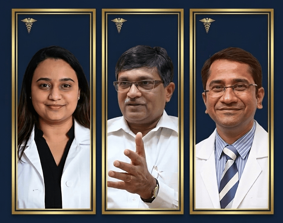 Pictures of Veer Care's Medical Advisory Board: Dr. Daksha Bakre (OB/GYN), Dr. Jagadish Chinappa (Pediatrics) and Dr. Kiran Khanapure (Neurosurgery), from left to right.