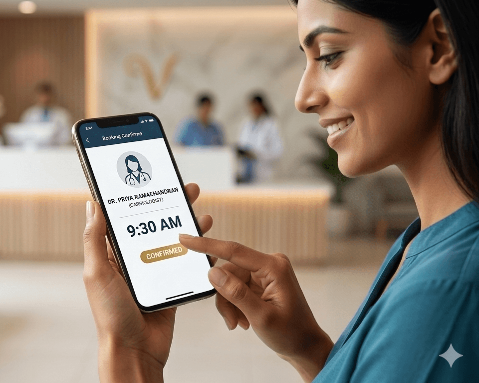 A representative image of a lady looking at her phone that shows a confirmed appointment with a doctor.