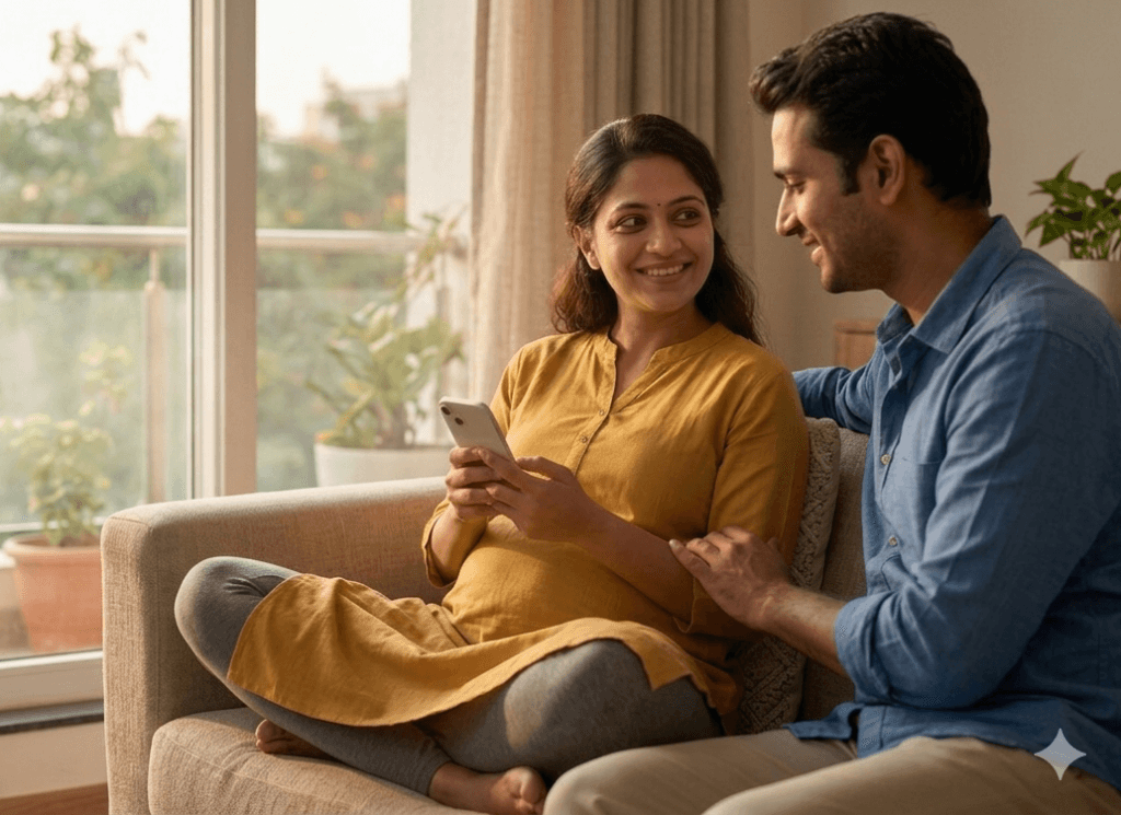 An illustrative image showing a young and happy Indian (urban) couple sitting on a sofa in their living room. The lady is pregnant and has a mobile phone in her hand and her husband has his arms on her, in a comforting way.