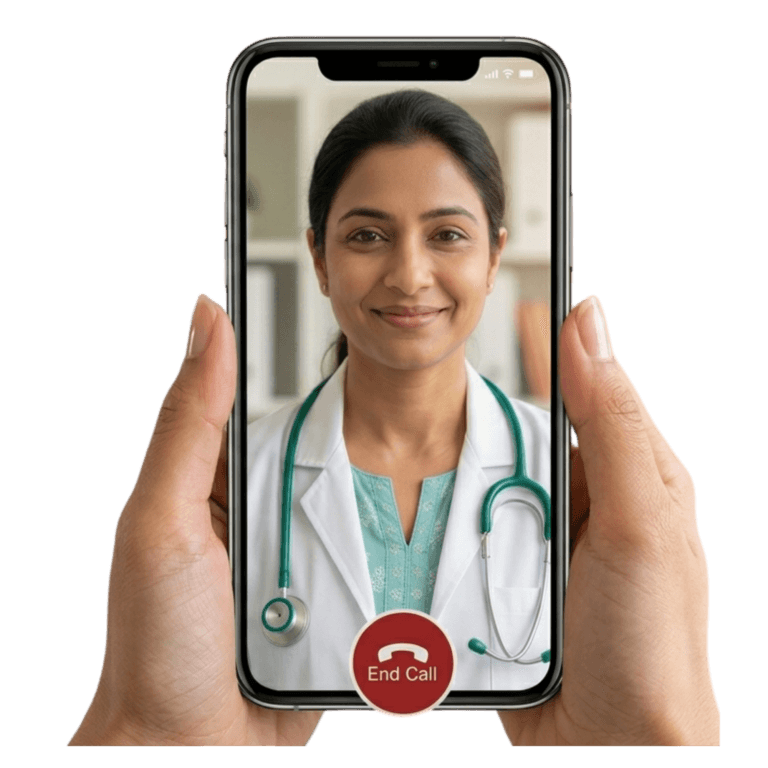 An illustrative example of the Veer App: an image of an Mobile Phone App talking with a doctor on a video call.
