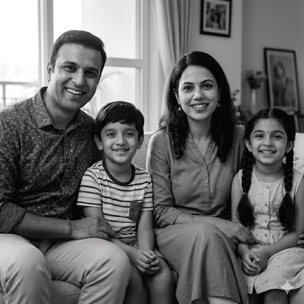 A Picture of Indian Family of 4: Father, Mother and two children, a boy and girl. Urban family sitting on a sofa and looking into the camera with smiles on their faces.