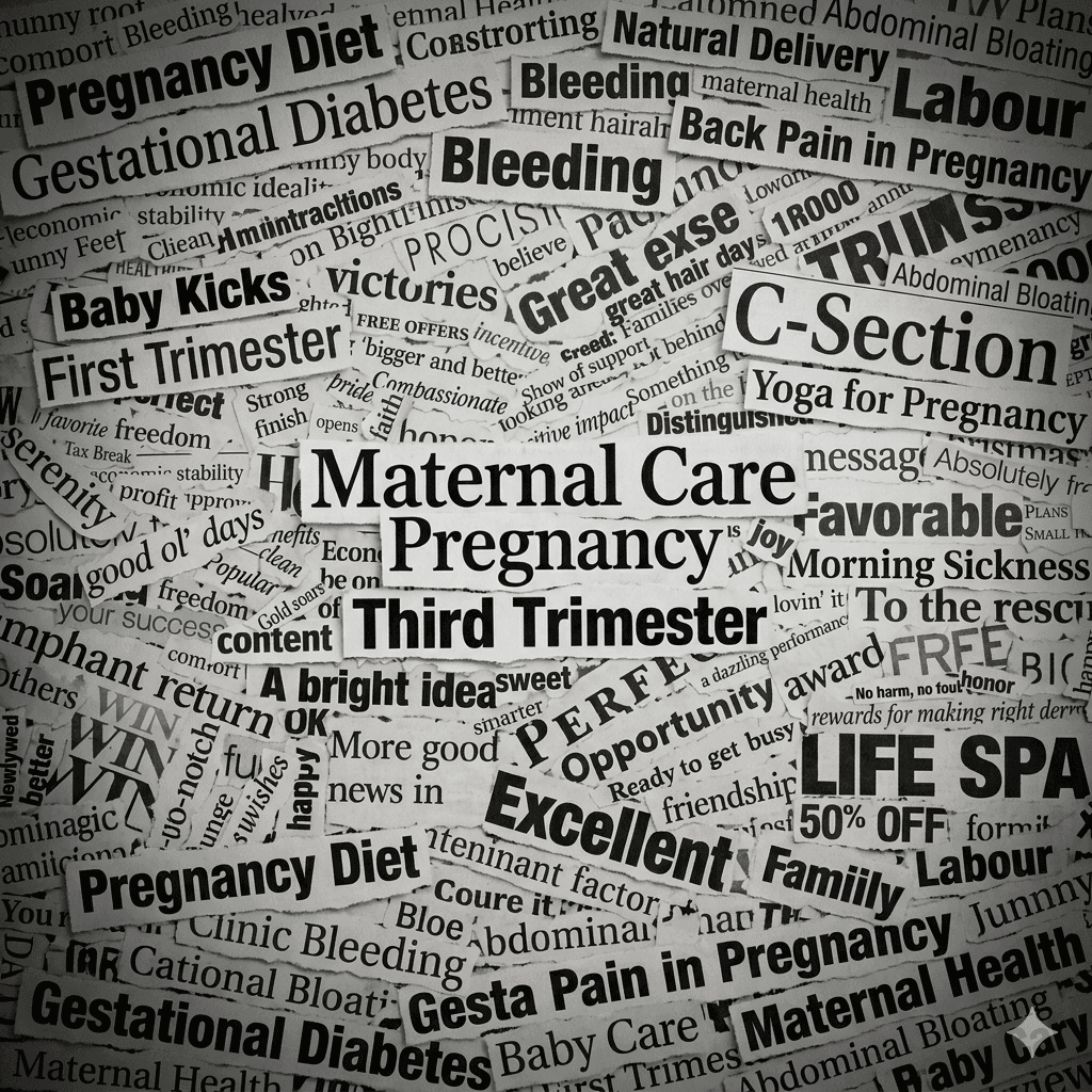 Many pregnancy terms and words, cut or torn from physical newspaper headlines and arranged to form a large collection.